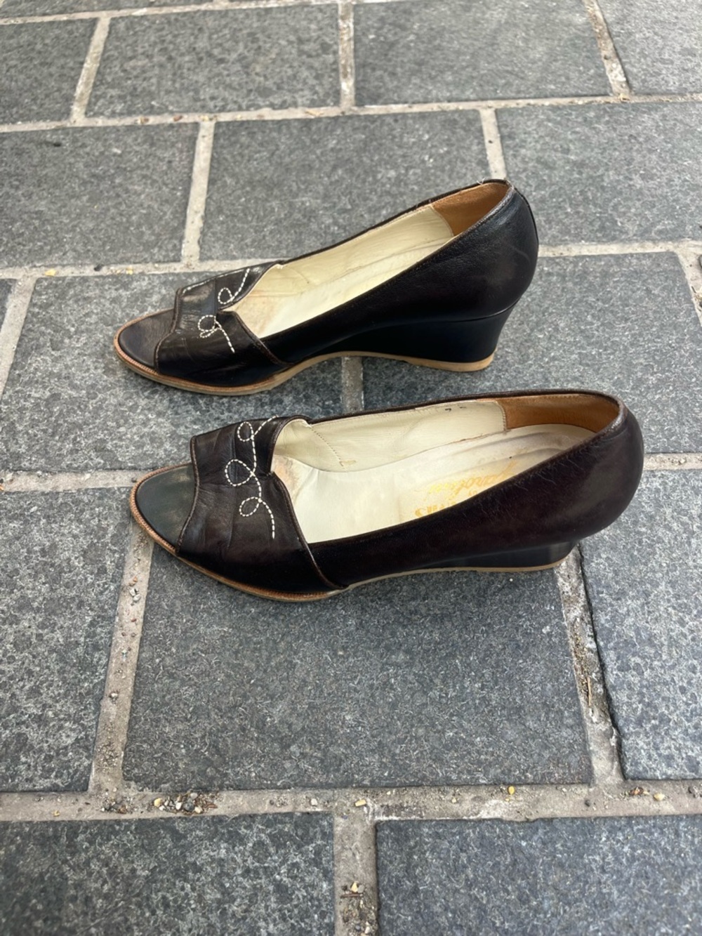 Vintage Chocolate Brown Leather Wedges    Heels Mes Amis by Jarolini Embroidered